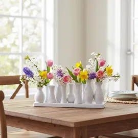 H&D Manufaktur Jinfa Vasen Set Weiß - 10 kleine Blumenvasen auf Tablett - Minivasen Keramik für Tischdeko - Moderne Miniatur Keramikvasen für einzelne Blumen m... - Weiß