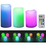 Lunartec Led Tischlampen: 3er-Set dimmbare RGB-LED-Kerzen mit Timer & Fernbedienung, bunt, IP44