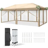 LEADZM Pavillon,Faltpavillon,Wasserdicht,UV Schutz 50+,Höhenverstellbar mit Moskitonetzen, Stabil, Ideal für Garten, Terrasse, Camping und gewerbliche Nutzung (Khaki, 3x6-6 Seitenteilen)