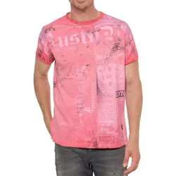 Herren T-Shirt mit Allover-Print im Used-Look Baumwoll-Shirt Rundhals-Shirt R-15295 Coral - XL