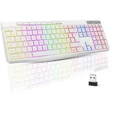 TECURS Tastatur Kabellos Gaming – Leise Tastatur QWERTZ Beleuchtete Ergonomische wasserdichte 2,4 GHz LED-Tastatur für Windows/Mac/PS4/Xbox mit Multimedia-Tasten Weiß