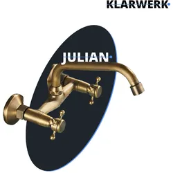 JULIAN | Retro Mischbatterie Wandmontage Armatur Messing gebürstet | Küche Bad Vintage Wasserhahn Wand altmodisch Edelstahl - Gastronomie 360° drehbar