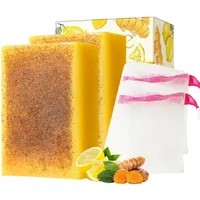 Kurkuma Seife - Kojic Acid Soap - Lemon Turmeric Soap - 2 Stück Kernseife Natur für Gesicht und Körper - Curcuma Seife Stück - Aufhellend & Antioxidativ Naturseife Frauen - Mit Praktische Seifenbeutel