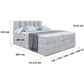altdecor Boxspringbett mit 2 Matratzen und Topper - 160x200 cm - BOXI1 KING - Hellgrau Samt - Polsterbett mit, H3- und H4- Matratzen, Bettkasten un... - Hellgrau