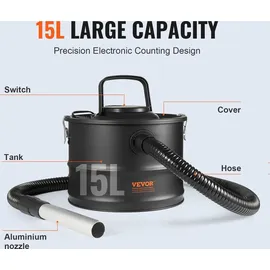 Vevor Aschesauger, 1200W Rußstaubsauger Kaminsauger Grillsauger 15L Behälter