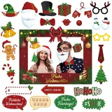 BETESSIN Fotobox Accessoires Weihnachten - inkl. Frohe Weihnachten Fotorahmen und 24 Foto Requisiten - Foto Booth Props für Weihnachtsdeko, Weihnachtsaccessoires und Weihnachtsfeier Deko