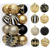 Herfair 16 Stück Weihnachtskugeln, Farbe Weihnachtskugeln Aufhänger für Christbaumschmuck, 8cm Christbaumkugeln Set, Weihnachten Ornamente Weihnachtsdeko (Schwarzes Gold)