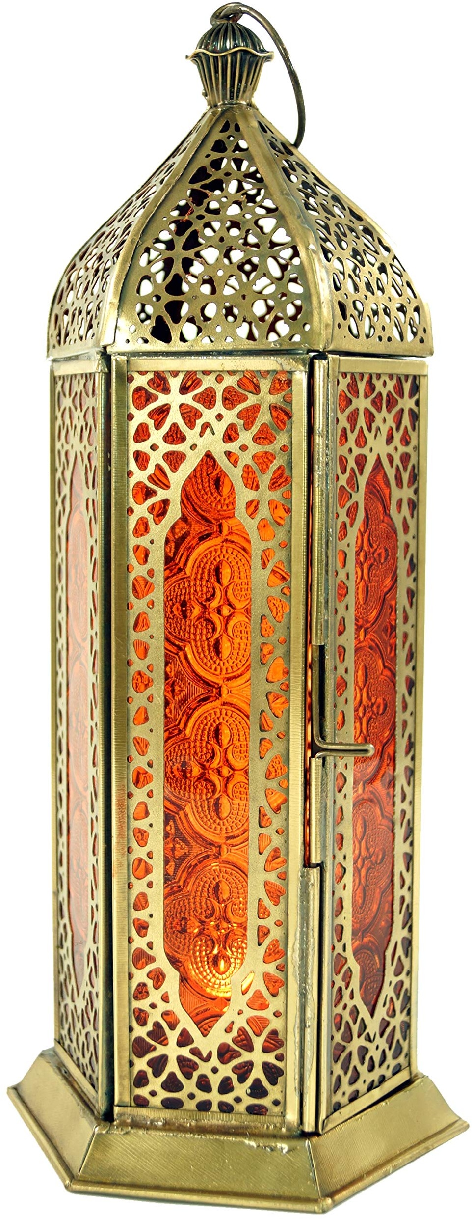 GURU SHOP Orientalische Metall/Glas Laterne in Marrokanischem Design, Windlicht, Orange, Farbe: Orange, 27x10,5x10,5 cm, Orientalische Laternen