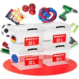 commerciamo gmbh ATHLON TOOLS 4x 32 L Aufbewahrungsboxen mit Deckel, lebensmittelecht - Verschlussclips - 100% Neumaterial Plastik-Box transparent - Kleiderboxen stapelbar...