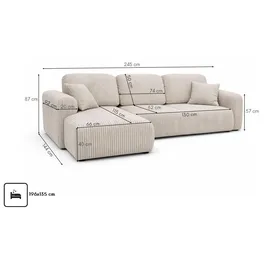 kaiser möbel Ecksofa mit Schlaffunktion und Bettkasten, Sofa L-Form Bingo L, Chenille-Stoff Artico, Beige, Links - Beige