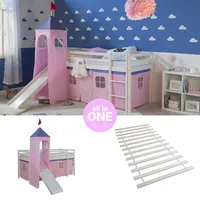 Hochbett Kinder 90x200 mit Rutsche Turm Bettgestell Lattenrost Rosa Homestyle4u