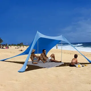 Beach Strandzelt, Strand Sonnenschirm UV Schutz, Sonnendach Sonnensegel für Strand Campingausflüge, Tragbares Familien Strandzelt Sonnenschutz Strandmuschel mit Sand-Ankern Alu-Stangen Tragetasche