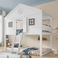 lanki international Odikalo Kinderbett Hausbett Unterbett Treppe Fallschutz Gitter Fenster Kiefer Weiß 90x200cm