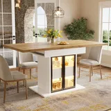 MODFU Ausziehbarer Esstisch,110–140cm,Küchentisch mit LED,Wohnzimmertisch mit Glas-Schiebetüren,versteckte Druckgriffe und Schubladen,Weiß - Weiß