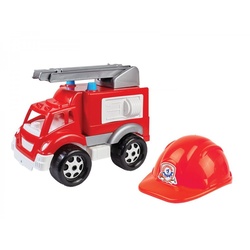 LEAN Toys Spielzeug-Auto Feuerwehrauto Leiter Helm Auto Set Spielzeug Feuerwehrwagen Modell rot