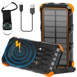 Solar Powerbank 26800mAh, Euakee Wireless Charging Power Bank mit 4 Kabeln & Campinglampe, wasserdichte Powerbank für 15W USB-C, Micro USB, Typ-C, iOS-Eingang 4 Ausgang 6 Eingangsanschlüsse (Orange)