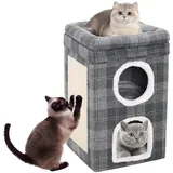 Katzenhaus für Indoor, große Katzenhöhle mit Katzenkratzplatte, DREI Schichten Wohnung mit Kissen, Klappbares Katzenhaus für Katzen 39 x 39 x 66 cm