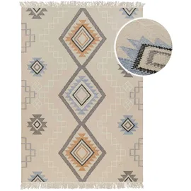 Green Looop Wollteppich GREEN LOOOP "Jong", beige (creme beige), B:240cm H:5mm L:340cm, Wolle, Teppiche, Fransen, Kelim, handgewebt, Natur, Wohnzimmer, Schlafzimmer, Raute