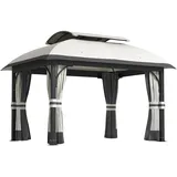 Outsunny Pavillon mit Doppeldach, 4x3,3 m, wasserabweisend und stabil, Winterfest Gartenpavillon aus verzinktem Metall mit Moskitonetz und Seitenteilen, für Garten oder Terrasse, Hellgrau