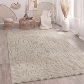 Paco Home Teppich Wohnzimmer Hochflor Skandi Boho Geometrisch Abstrakt Uni Waschbar Beige, 160x220 cm