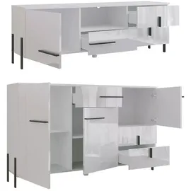 Feldmann-Wohnen Wohnwand, Weiß, Schwarz, Holz, 15 Fächer, 6 Schubladen, Rechteckig, 440x200x40 cm, Wohnzimmer, Wohnwände, Wohnwand-Sets