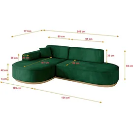 altdecor Ecksofa Ottomane Links MARI-L1-v2 - 243x171x83 cm Dunkelgrün Velours