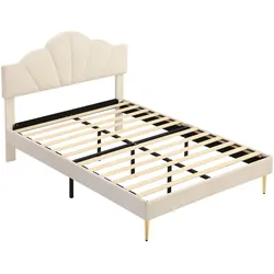 Merax Polsterbett, Samt Doppelbett mit höhenverstellbarem Muschel-Form-Kopfteil 140x200cm, beige