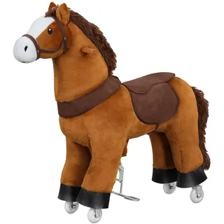Woltu Stehpferd auf Rollen, Reitpferd mit Klangfunktion für Kinder ab 4 Jahren, Plüschpferd zum Sitzen, geeignet für drinnen und draußen, aus Holz und Metall, Braun,