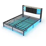 FUROKOY Metallbett Eisenholzbett Doppelbett Stauraumbett (140/160/180x200cm), Jugendbett mit LED-Beleuchtung und zwei Schubladen grau