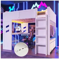 HAUSS SPOLE Hochbett 140x200 mit LED&Schreibtisch,Jugendbett Holzbett mit USB+TYPE-C (mit Gaming-Schreibtisch, LED-Beleuchtung, USB- und Typ-C-Anschlüssen, Wäscheleine und Schubladen, 140x200 cm) ohne Matratze weiß