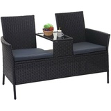 Poly-Rattan Sitzbank mit Tisch HWC-E24, Balkonset, schwarz, Kissen dunkelgrau