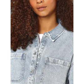 Noisy May Damen Jeansjacke Oversize Denim Übergangsjacke Dropped Shoulder Shacket Bleached Design, Farben:Hellblau, Größe:XS - XS