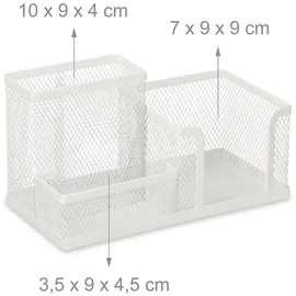Relaxdays Schreibtisch-Organizer, 3 Fächer, Mesh-Design, HxBxT: 10 x 18,5 x 9,5 cm, Zettelbox mit Stiftehalter, weiß
