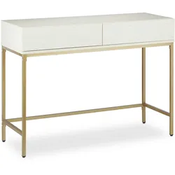 Relaxdays Konsolentisch, 2 Schubladen, Sideboard Flur, Wohnzimmer, Ablagetisch Holzoptik, HxBxT: 80x110x40 cm, weiß/gold