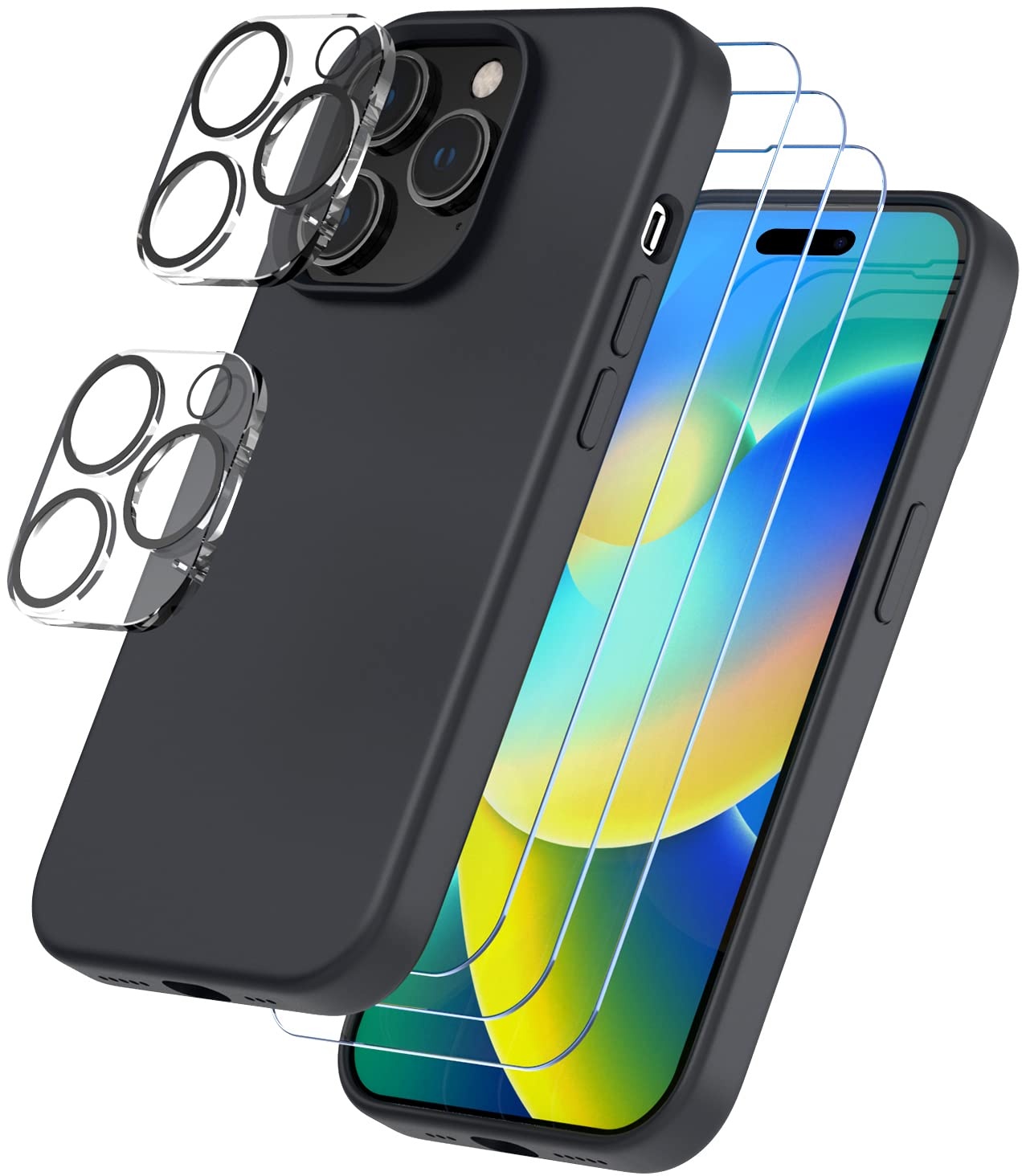 Trianium [6 in 1] Entworfen für iPhone 14 Pro Hülle Silikon (Schwarz), mit 3 Stück Displayschutzfolie + 2 Stück Kameralinsenschutz, Bundle Protection Kit HD Panzerglas Slim Cover 6,1 Zoll 2022