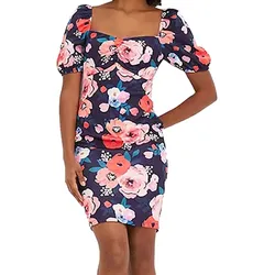 Damen Sommer-Kleid mit floralem Allover-Print Mini-Kleid mit Puff-Ärmeln Freizeit-Kleid 931070 Blau/Bunt - 36/38