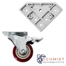 SCHMIDT systemprofile 4x Lenkrolle mit 3D-Platte Nut 8 Schwerlastrolle Bremse Transportrolle Aluprofil-Zubehör