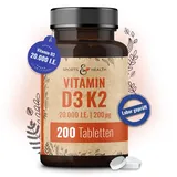 Vitamin D3 K2 Tabletten -200 Tabletten - Vitamin D Hochdosiert 20000 IE + 200μg Vitamin K2-Mk7 - D3 K2 Depot - Premium Qualität - Vegetarisch - Laborgeprüft