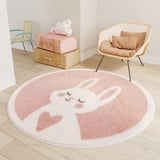 iyoimono Rund Teppich Rosa Hase Teppich für Wohnzimmer Kinderzimmer Teppich 120 cm Runder Beige Outdoor Teppiche Kinderteppich Dekorative Kurzer Plüsch Teppich Runder Fußmatte