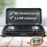 BlueCraft - Gaskocher Campingkocher 2 flammig mit Zündsicherung | mit Gasregler 50mbar und Gasschlauch 100cm