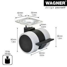 Wagner Design Möbelrolle/Lenkrolle - soft - Durchmesser Ø 38 mm, Bauhöhe 40 mm, Feststeller, schwarz/grau, Anschraubplatte 42 x 42 mm, Tragkraft 70 kg - Made in Germany - 01024389