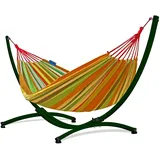 Potenza Outdoor Hängematte mit Gestell für 2 Personen I Baumwolle Doppelhängematte XXL 220x160, 200kg I Hängemattengestell 220kg, wetterfest (Orange, Gestell Grün)