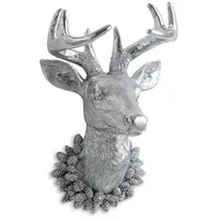 Große Silber Deko Hirschkopf Figur & Geweih - Weihnachten Wildfigur 42 cm
