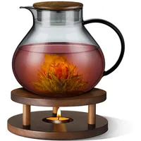ecooe 1400 ml Teekanne mit Stövchen und 18/8 Schwarz Edelstahl 2 in 1 Teesieb Deckel, Borosilicate Glas Teekanne mit Stövchen Holz ideal als für Familie und Freunde