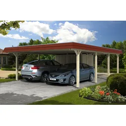 Skan Holz Walmdach Carport Breite 630cm rote Blende mit Abstellraum Holzcarport