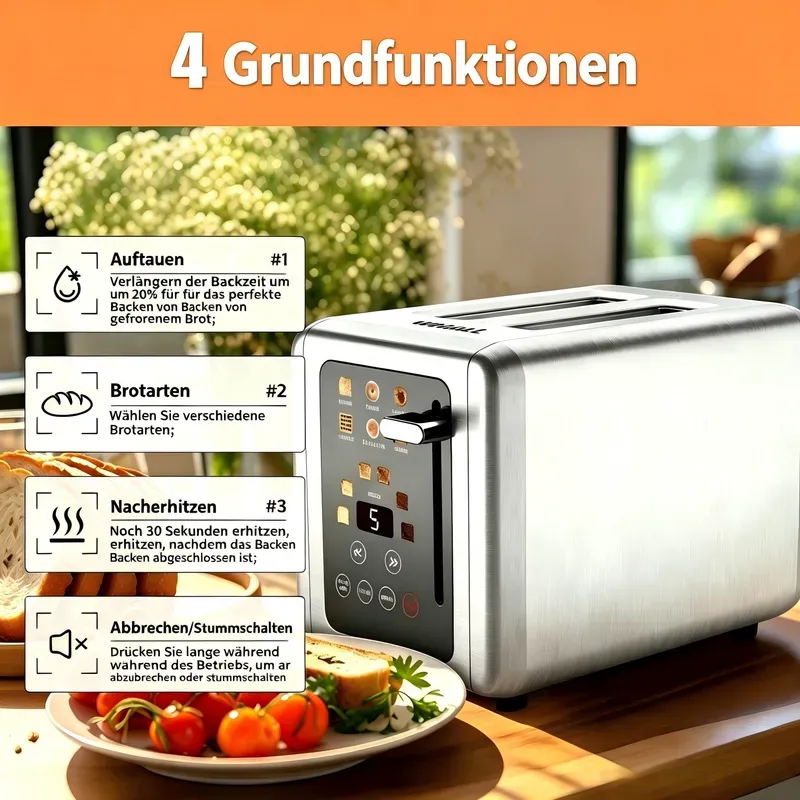 WHALL Touchscreen-Toastgerät für 2 Scheiben, intelligenter digitaler Toaster mit 1,5‐Zoll breiten Fächern, 6 Schattierungsstufen & 6 Broart-Einstellungen, Speicherfunktion, Zählzeitfunktion, gebürstetes Edelstahl, ideales Küchen-Geschenk und unverzichtbar