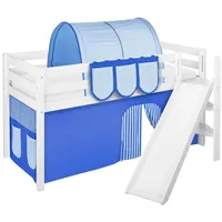 Spielbett JELLE 90 x 190 cm Blau - Hochbett LILOKIDS - Weiß - mit schräger Rutsche und Vorhang - Weiß/Blau/Hellblau