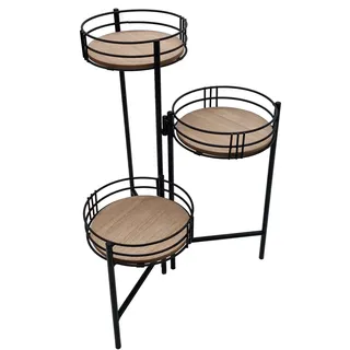 Spetebo Metall Blumentopfständer klappbar schwarz - mit 3 Holz Ablagen - klappbare Blumentreppe - Blumentopf Planzen Deko Gewürz Ständer