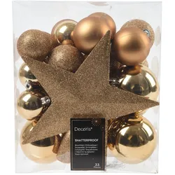 33 Weihnachtskugeln Kunststoff mit Christbaumstern Set bruchsicher Christbaumkugeln Weihnachtsbaumkugeln Christbaumspitze Mix Pekanuss Braun