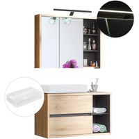 Badezimmer Waschtisch Set in Eiche mit anthrazit LED-Spiegelschrank Gäste-WC Bad